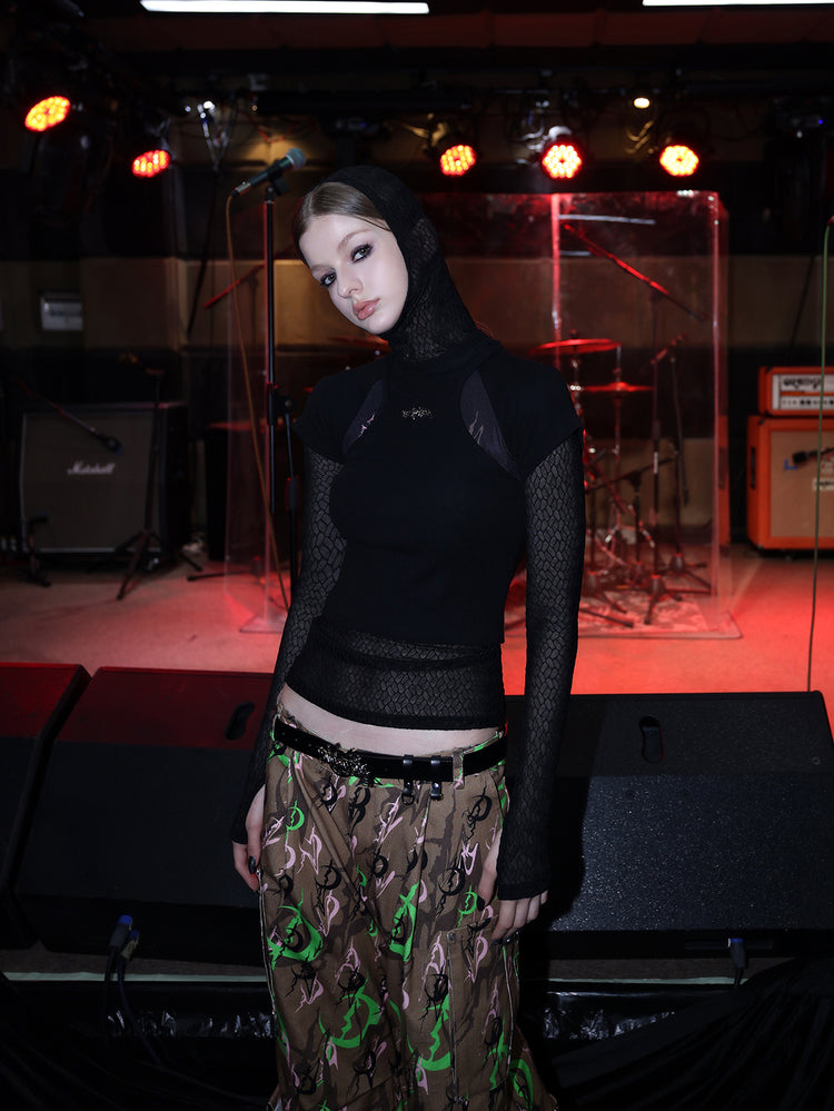 PINKSPINK ELECTRIC MOON hooded mesh top in BLACK — close front layered over mesh top.
