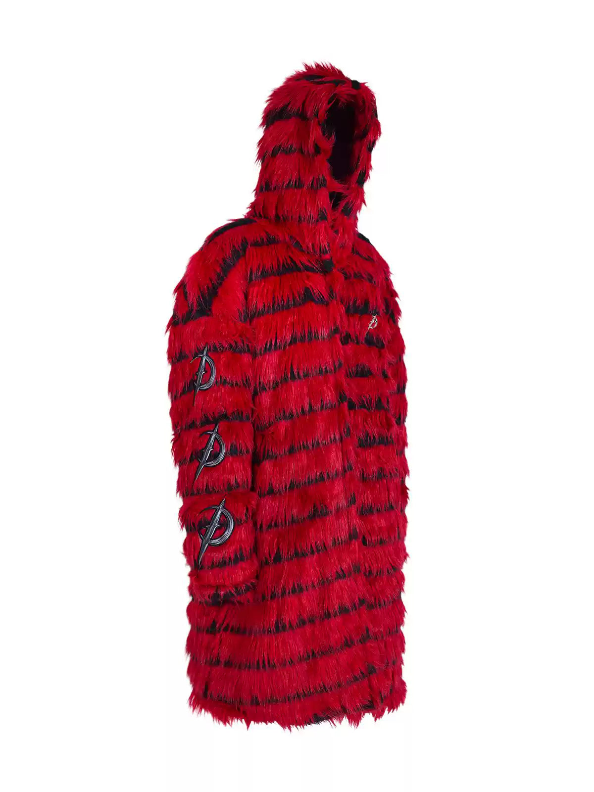 PINKSPINK ELECTRIC MOON black-red faux-fur hooded long coat — red and black garment-only three-quarter view showing the hood and sleeve appliques