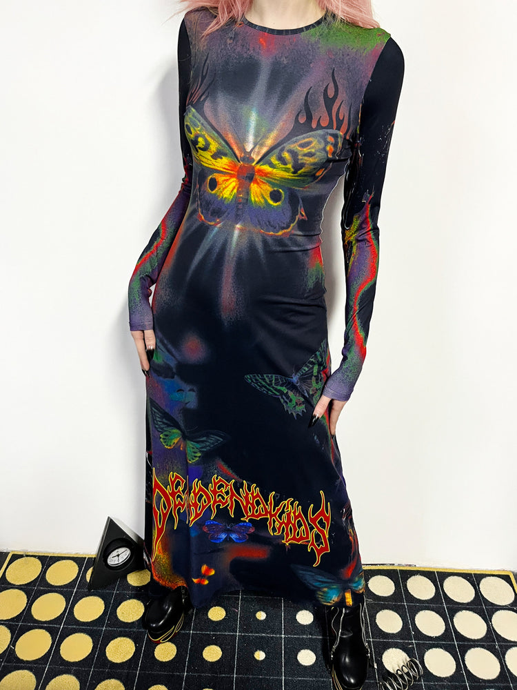 DEADENDKIDS BUTTERFLY GOTH fitted long-sleeve maxi dress — full-length modeled view