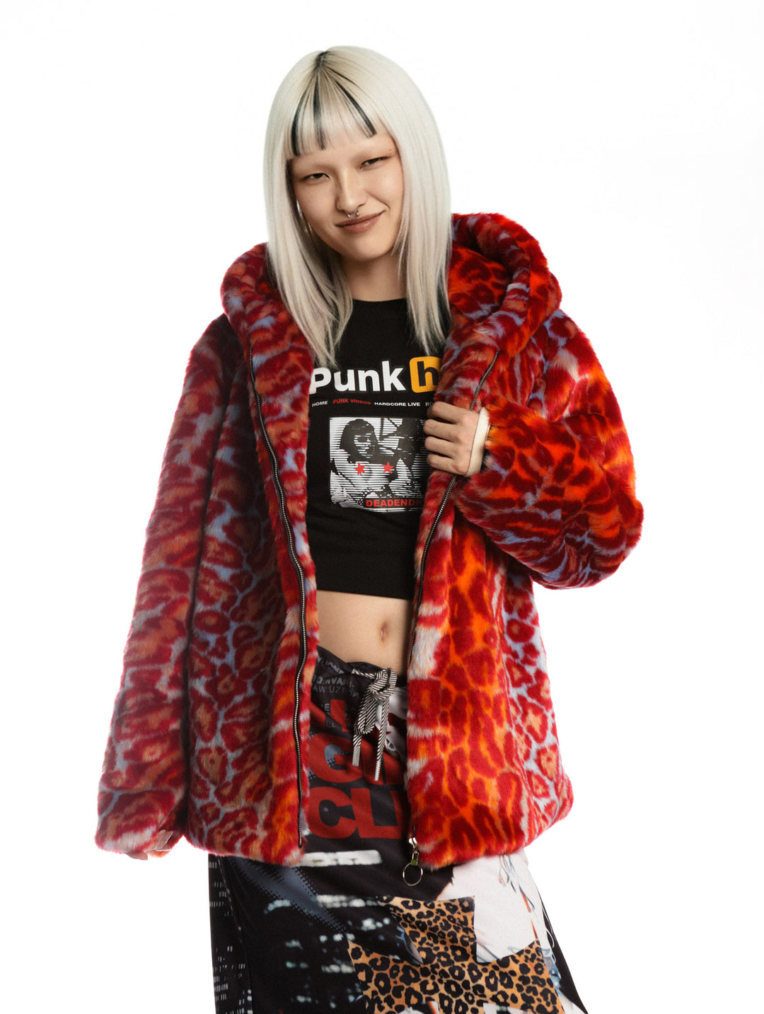 DeadEndKids leopard-print faux-fur hooded jacket in orange blue — front modeled view showing the open zipper