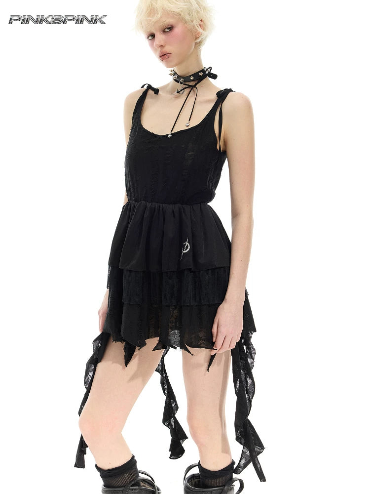 PINKSPINK ELECTRIC MOON two-way layered lace mini dress — black dress with shoulder ties — front modeled view