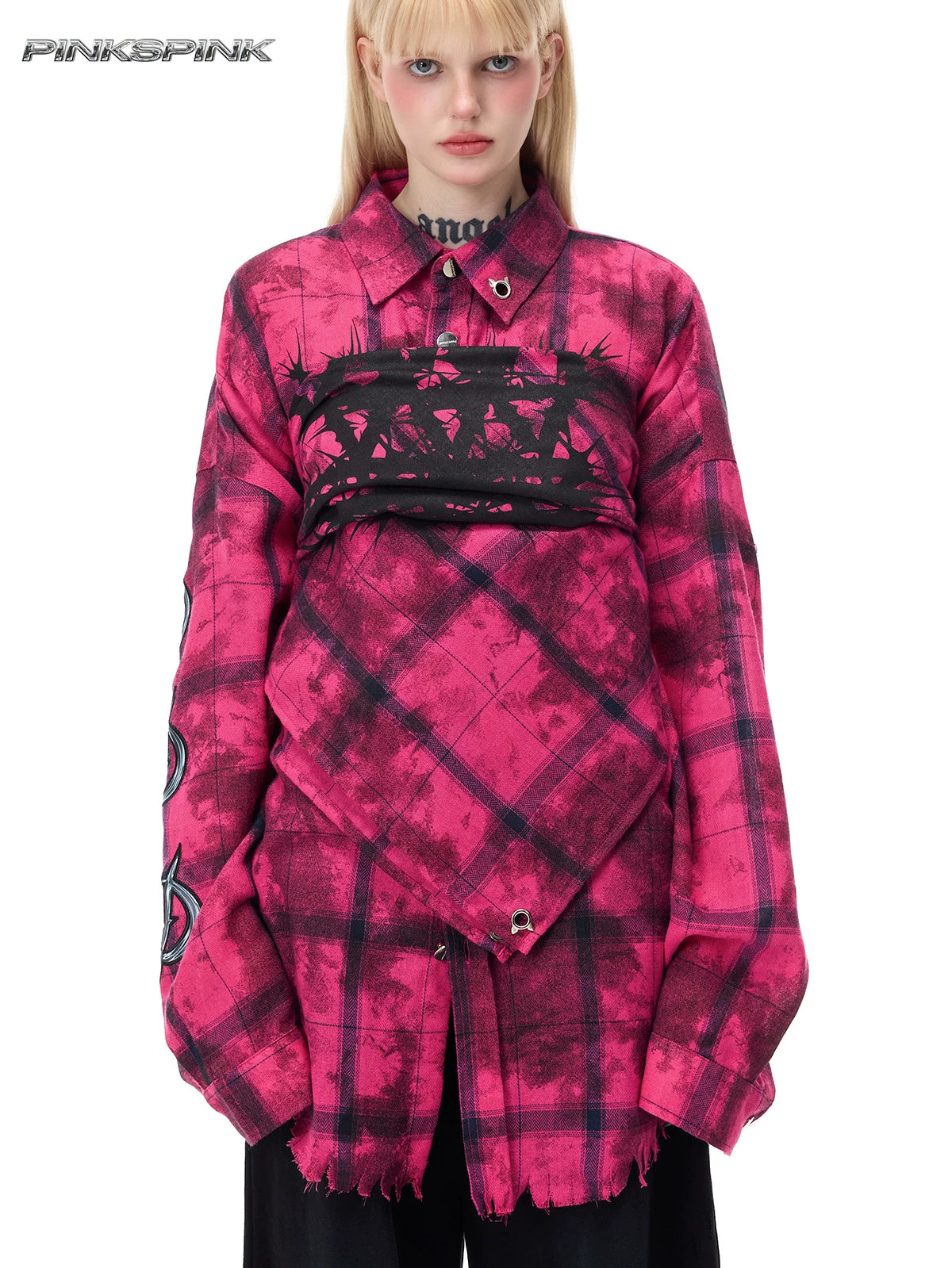 PINKSPINK THORN bandana bandeau top in pink and black — close view wrapped over a separate plaid shirt