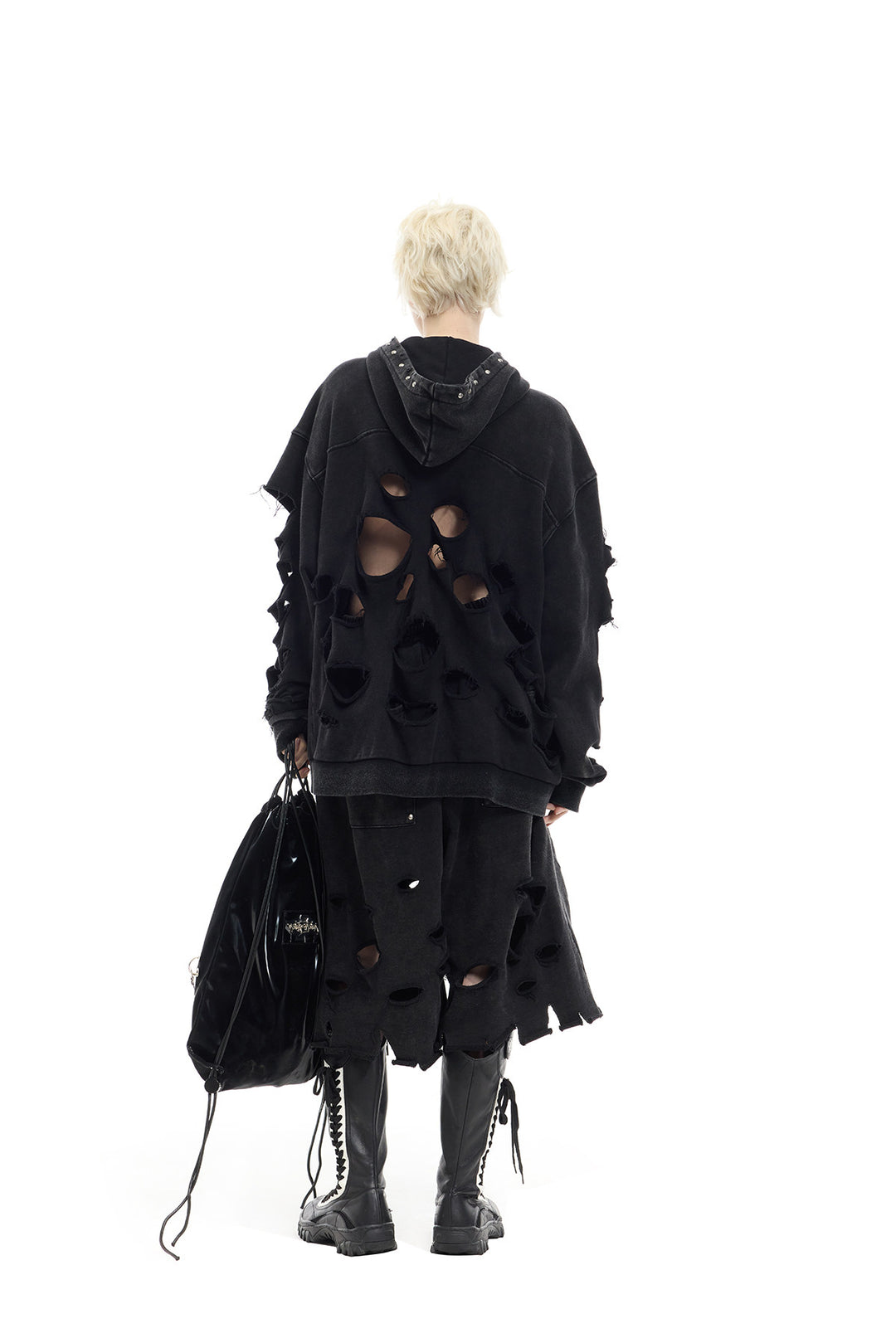 PINKSPINK REMAKE studded distressed zip-up hoodie — alternate modeled styling view