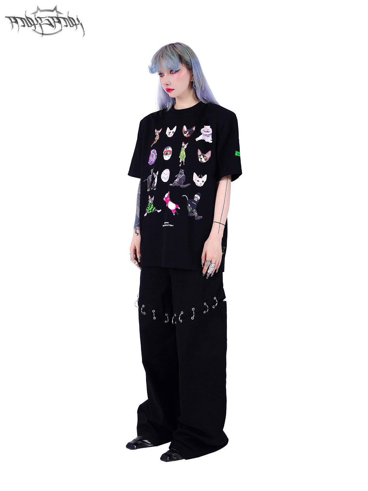 PINKSPINK ELECTRIC MOON double-waist detachable straight-leg pants — modeled detail view of the garment construction