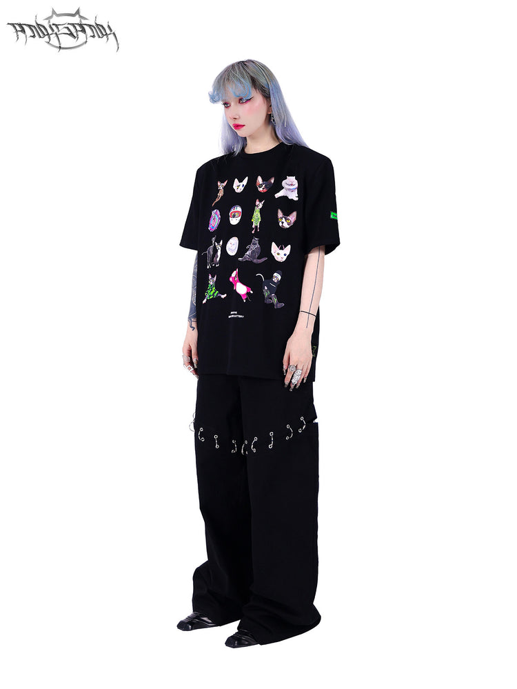 PINKSPINK ELECTRIC MOON double-waist detachable straight-leg pants — modeled detail view of the garment construction