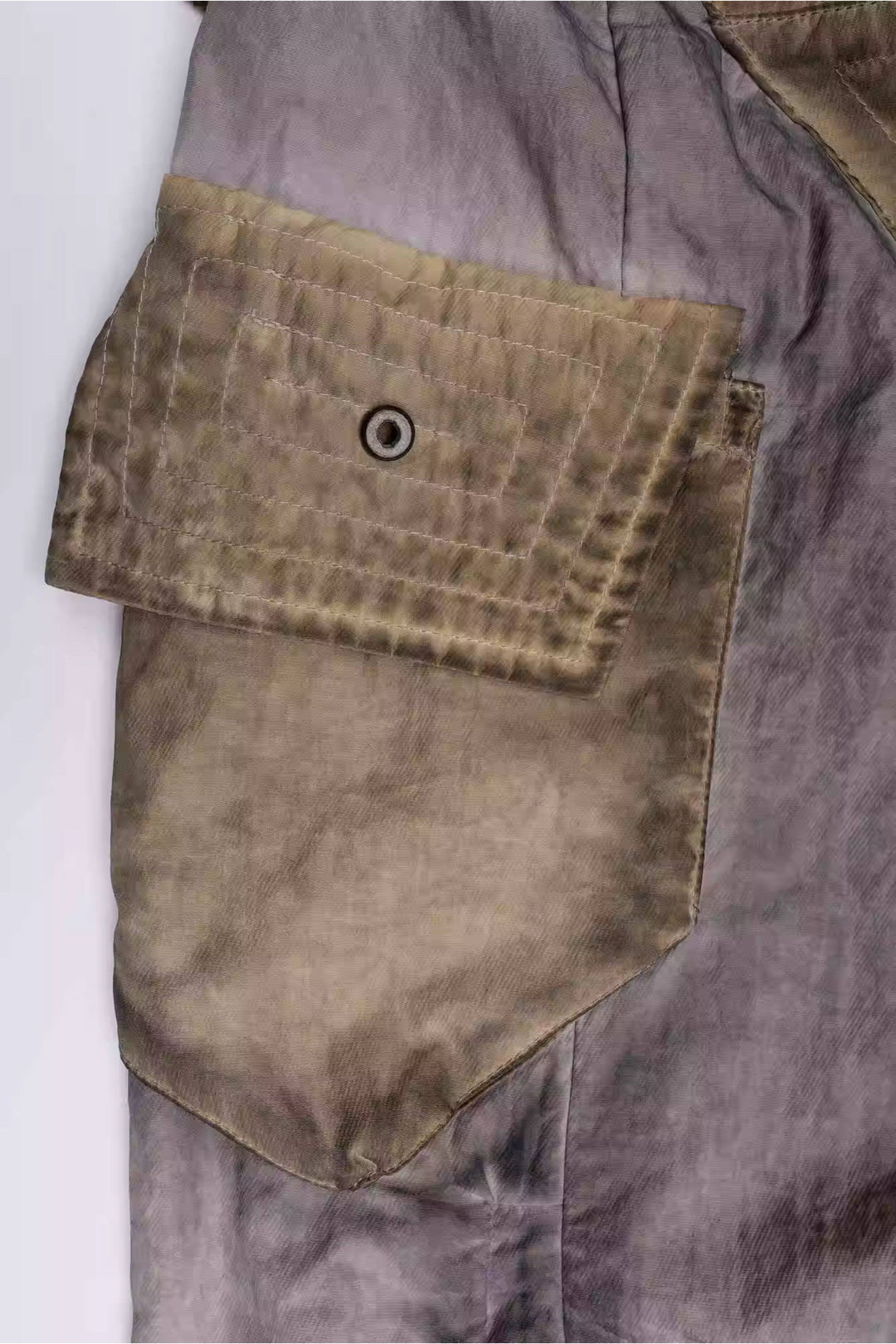 STARCORE mercury brown engineer utility pants — stitched rear flap pocket close-up