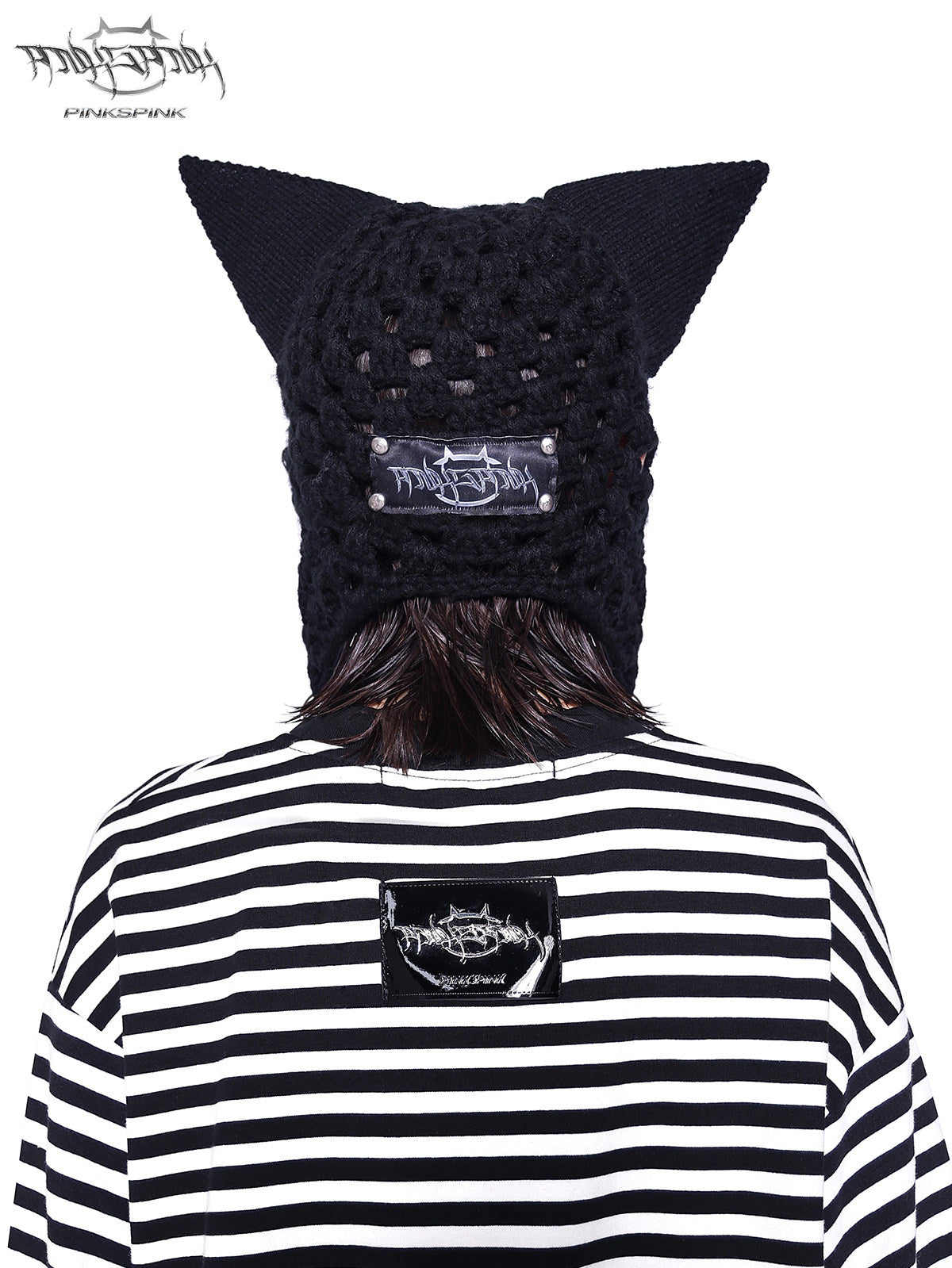 PINKSPINK ELECTRIC MOON chain cat-ear open-knit beanie — alternate angle showing the shape and finish
