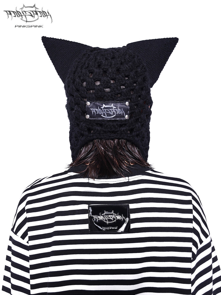 PINKSPINK ELECTRIC MOON chain cat-ear open-knit beanie — alternate angle showing the shape and finish