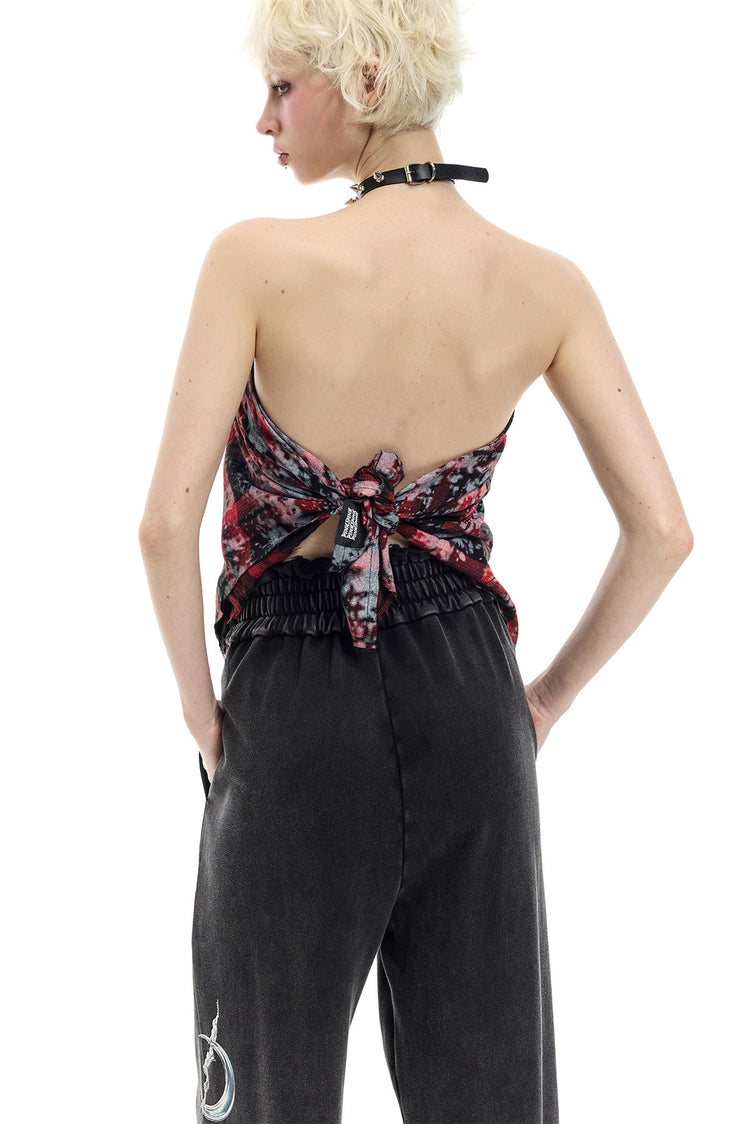 PINKSPINK REMAKE red-plaid bandana top / headscarf — alternate modeled view showing the silhouette