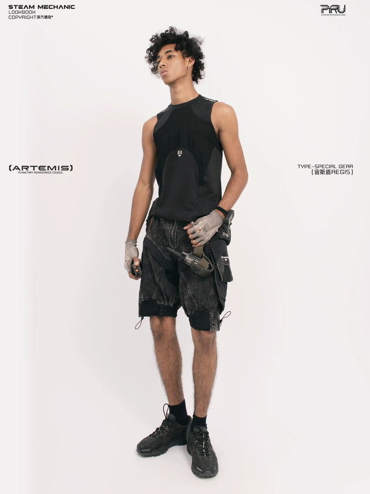 AEGIS blackbird black distressed mesh tank — construction detail