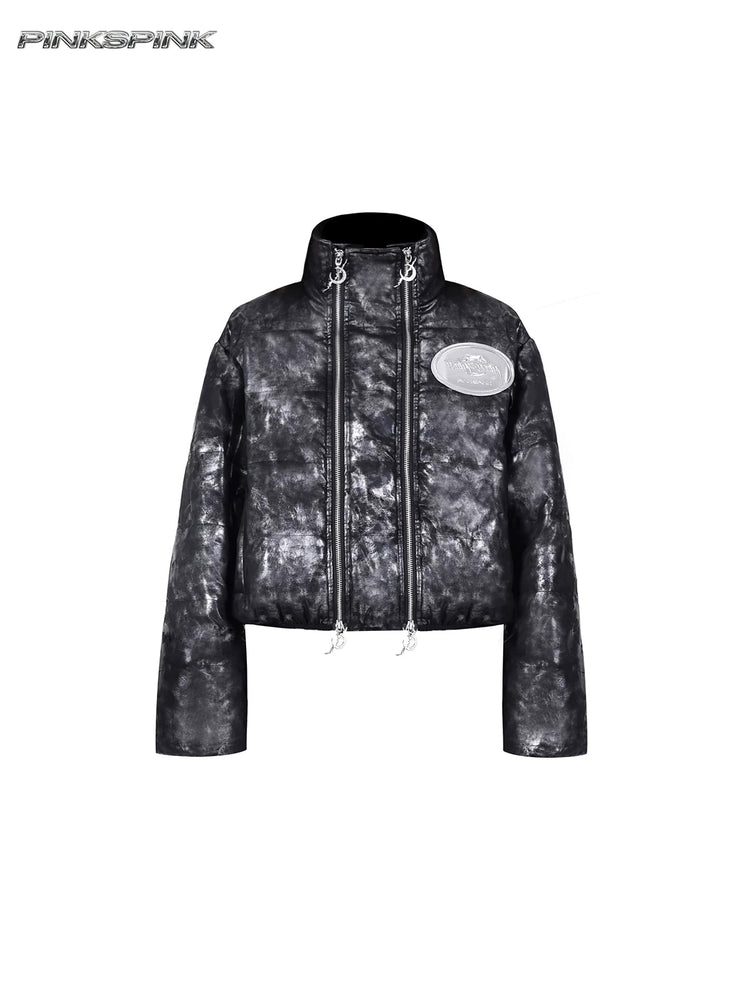 PINKSPINK ELECTRIC MOON metallic cropped puffer jacket — front garment-only view