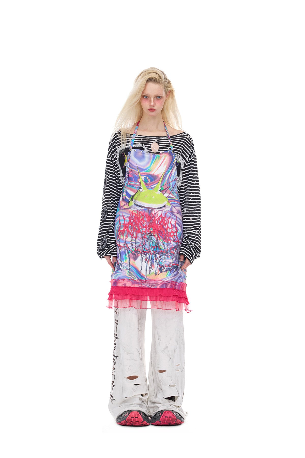 PINKSPINK ELECTRIC MOON coated distressed flare sweatpants — modeled front styling view