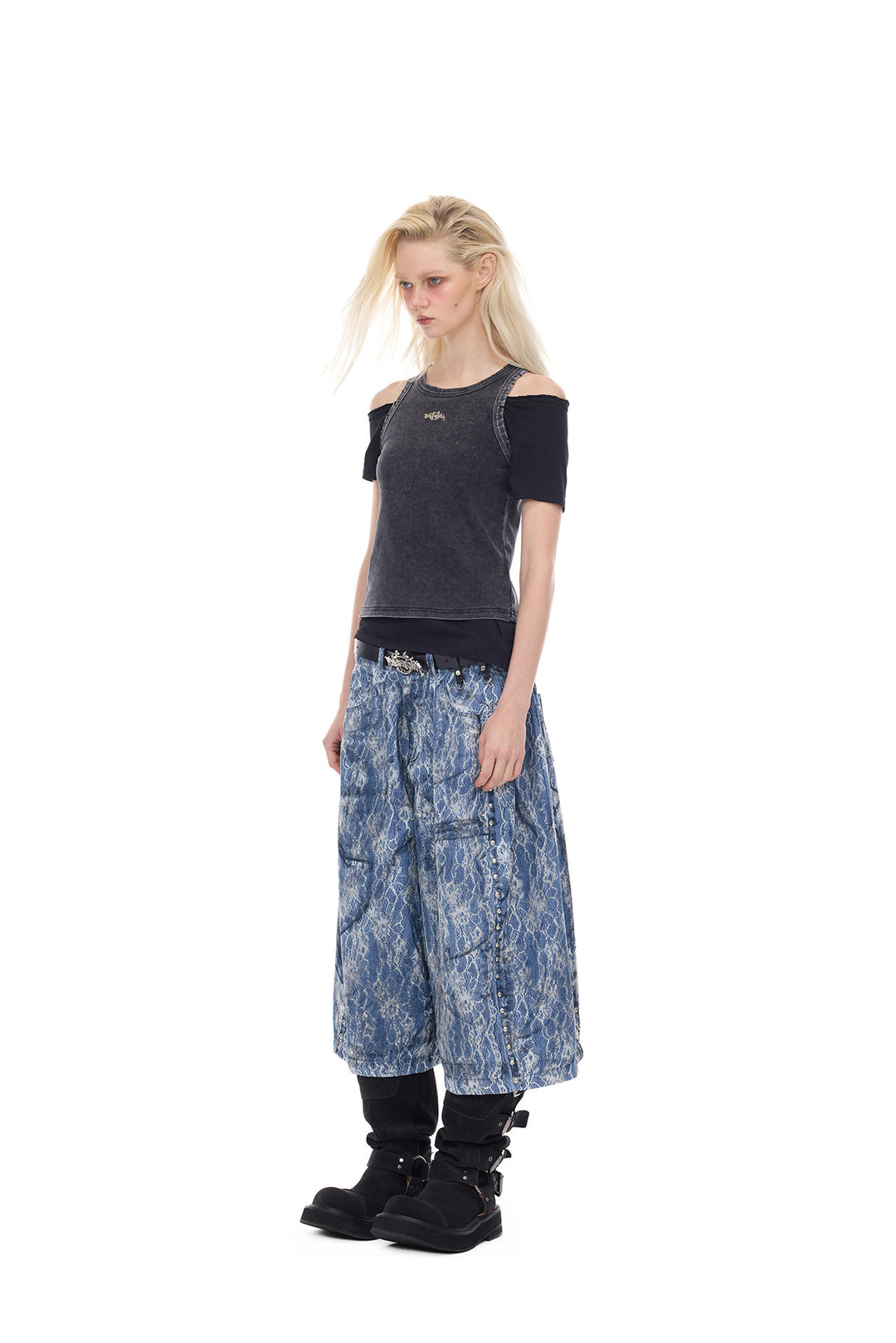 PINKSPINK ELECTRIC MOON lace-coated wide-leg denim shorts in blue — full-length angled modeled view with a charcoal tank top