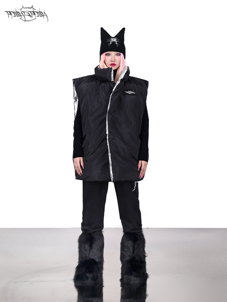 PINKSPINK ORBIT reversible padded vest in black silver — black-side front full-length modeled view with the vest closed