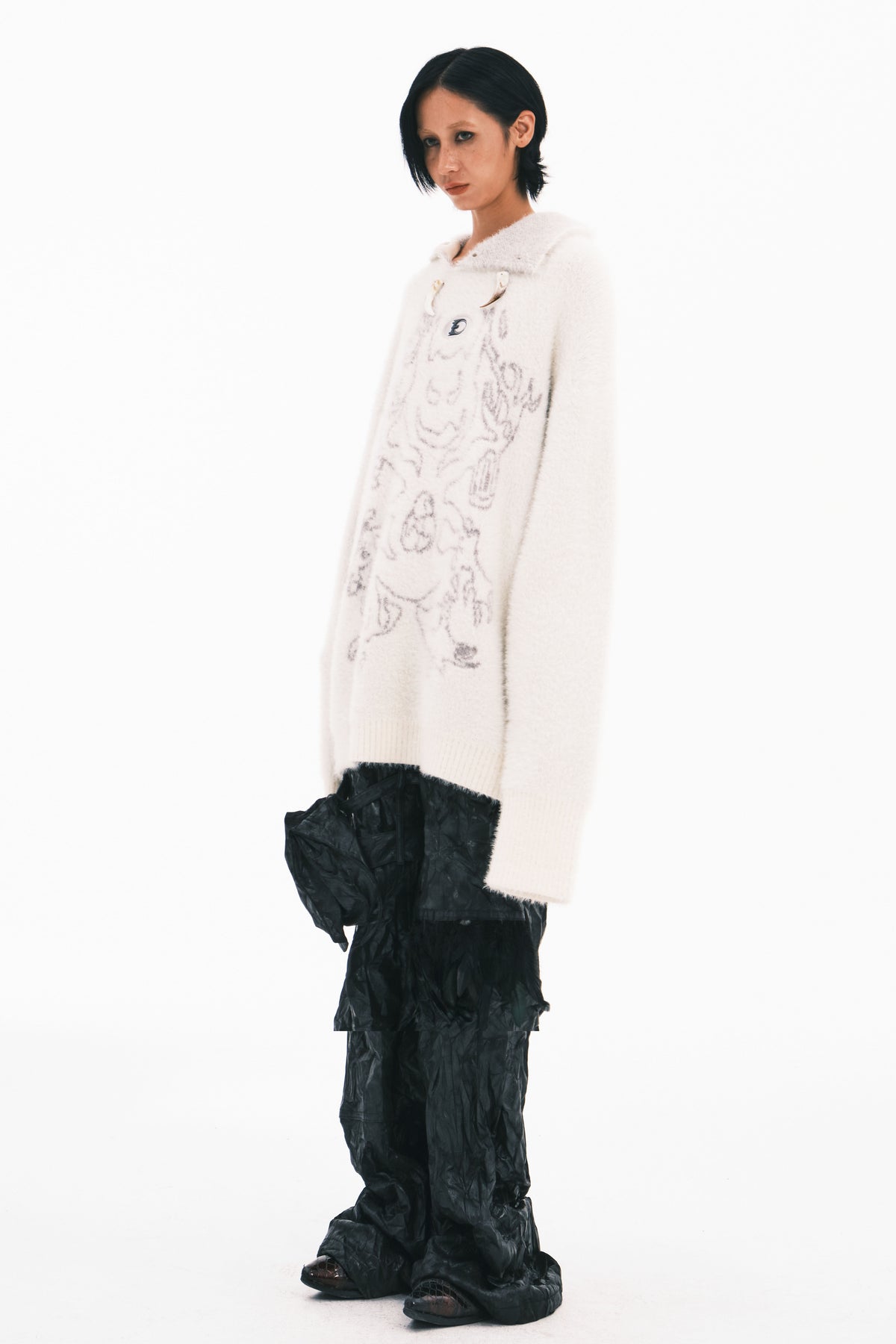 EMBRYO ANCIENT CODE printed faux-mink sweater in white — full-length three-quarter modeled view