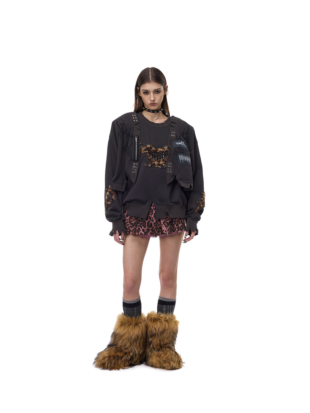 PINKSPINK LEOPARD RIOT two-way layered sweatshirt — front full-length styling with layered mini skirt