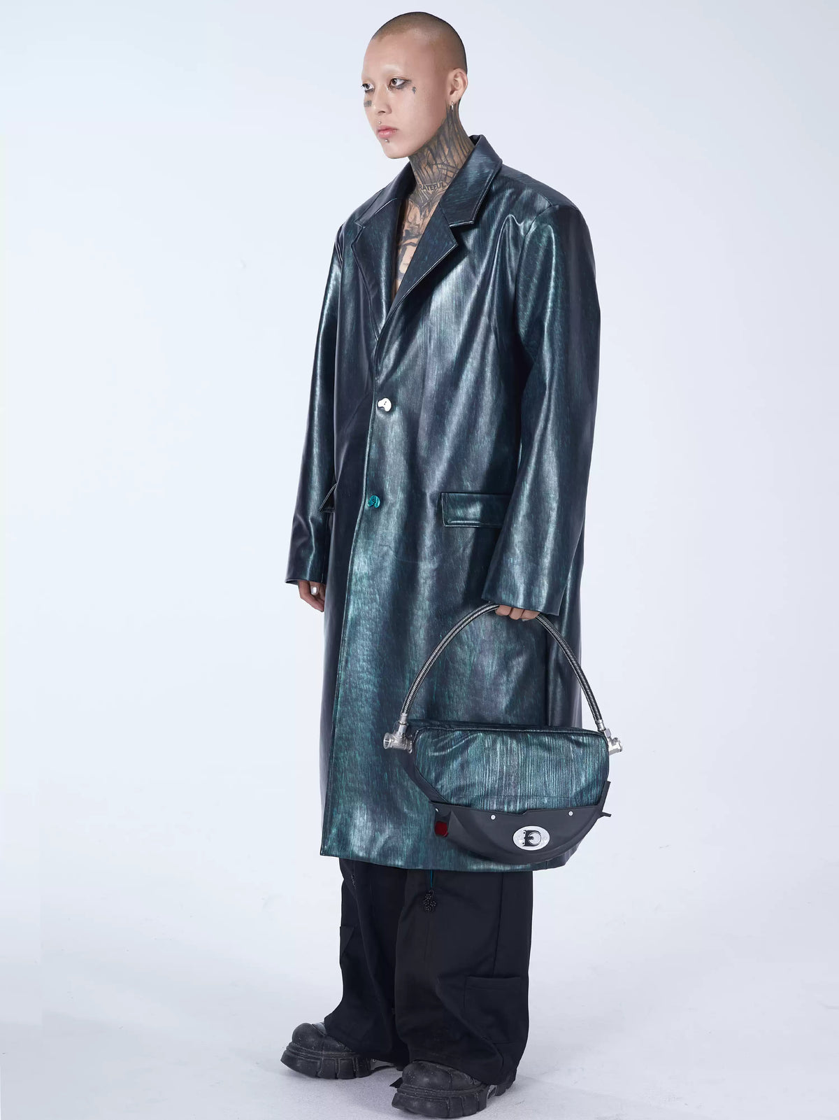 EMBRYO MATRIX buckle PU leather trench coat — alternate full-length view