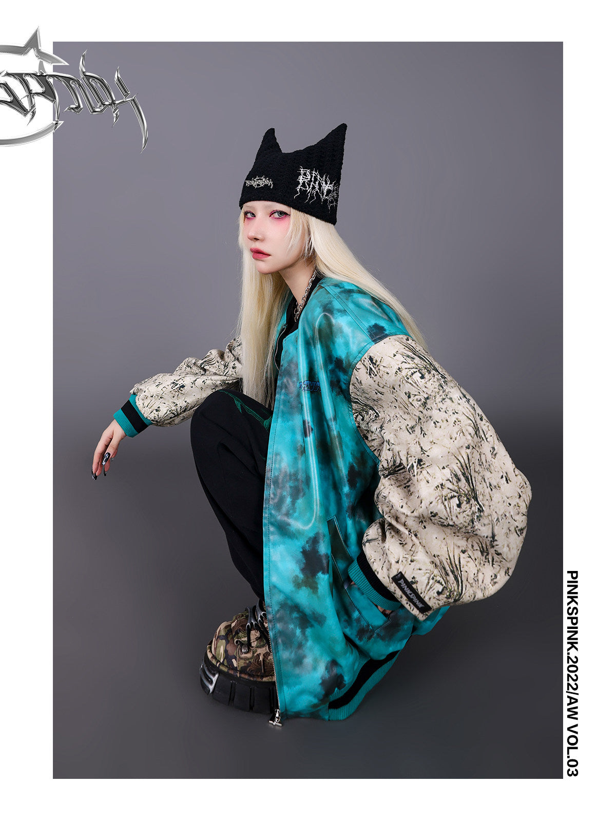 PINKSPINK SPHYNX thorn-embroidered cat-ear beanie — product detail view showing texture and hardware