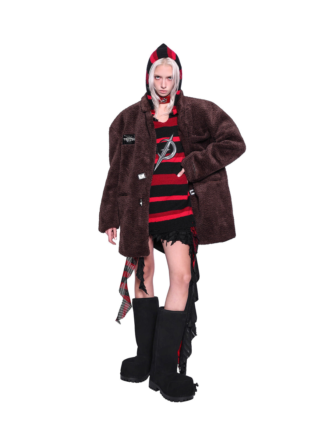 PINKSPINK ELECTRIC MOON striped hooded sweater in BLACK AND RED — full-body layered styling with open brown coat.
