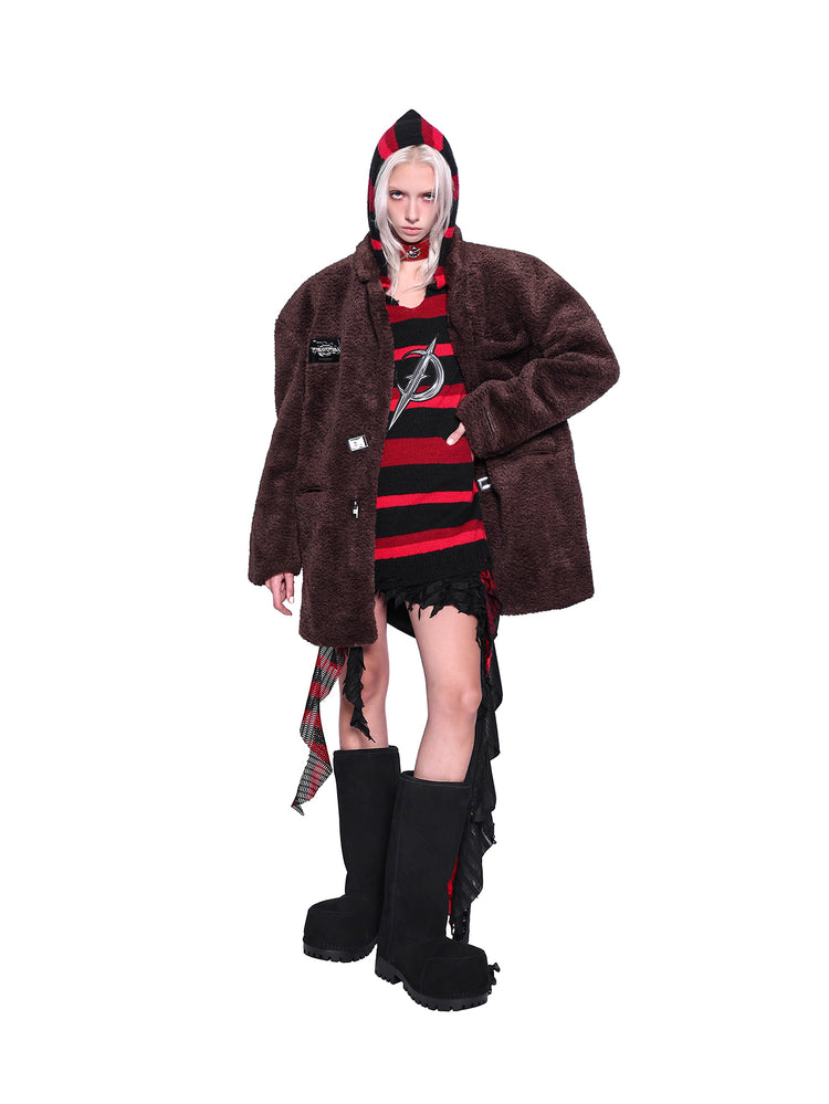 PINKSPINK ELECTRIC MOON striped hooded sweater in BLACK AND RED — full-body layered styling with open brown coat.