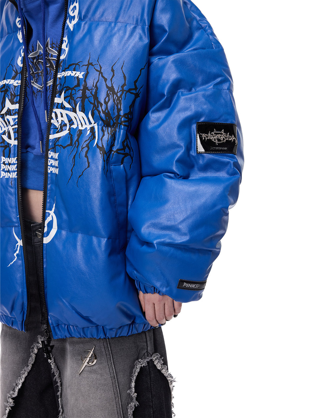 PINKSPINK MOTORBLOC padded faux-leather jacket — Klein blue sleeve and pocket detail