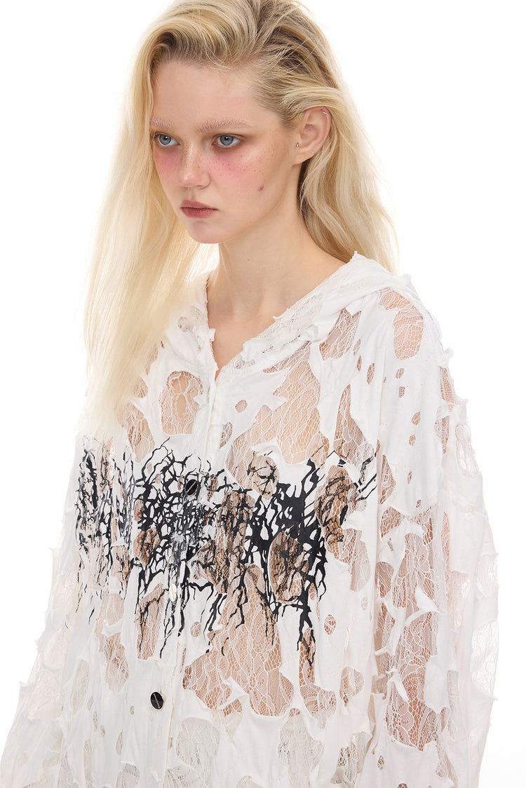 PINKSPINK THORN BURNOUT lace hooded shirt — full-length modeled styling view