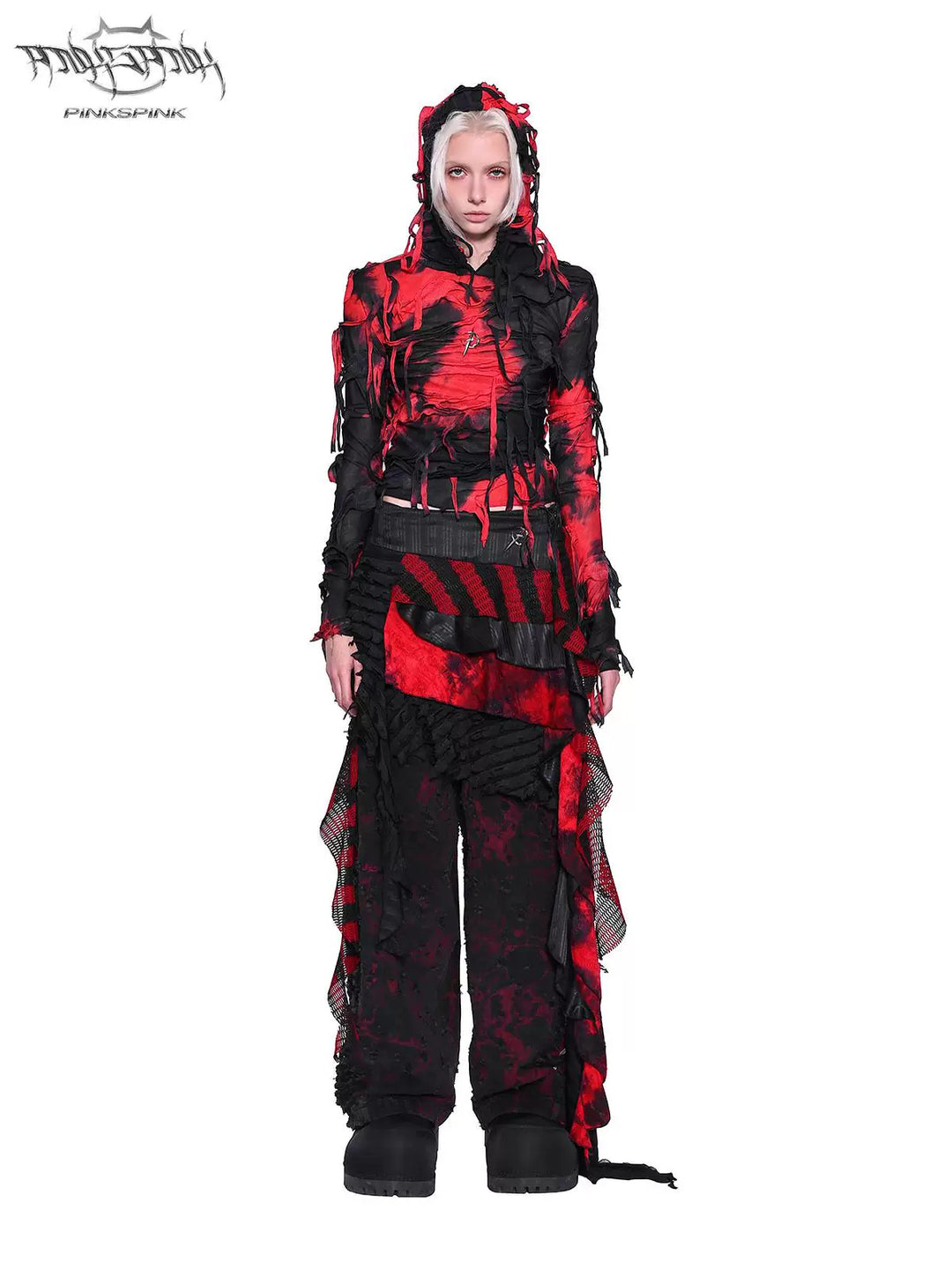 PINKSPINK ELECTRIC MOON layered striped mesh mini skirt — black and red — front view layered over printed trousers
