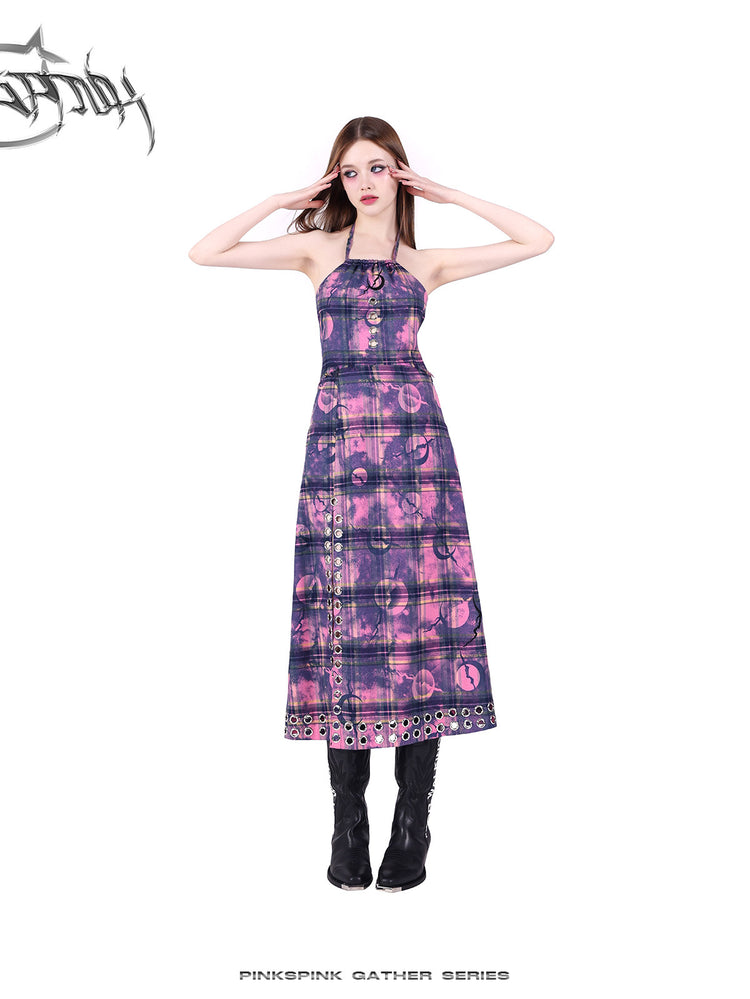 PINKSPINK WASTELAND eyelet plaid halter dress in pink purple — full-length modeled view with hands raised beside the head