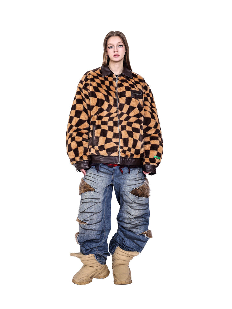 PINKSPINK WARPED checkerboard padded faux-fur jacket — caramel brown checkerboard jacket — full-length front view with jeans