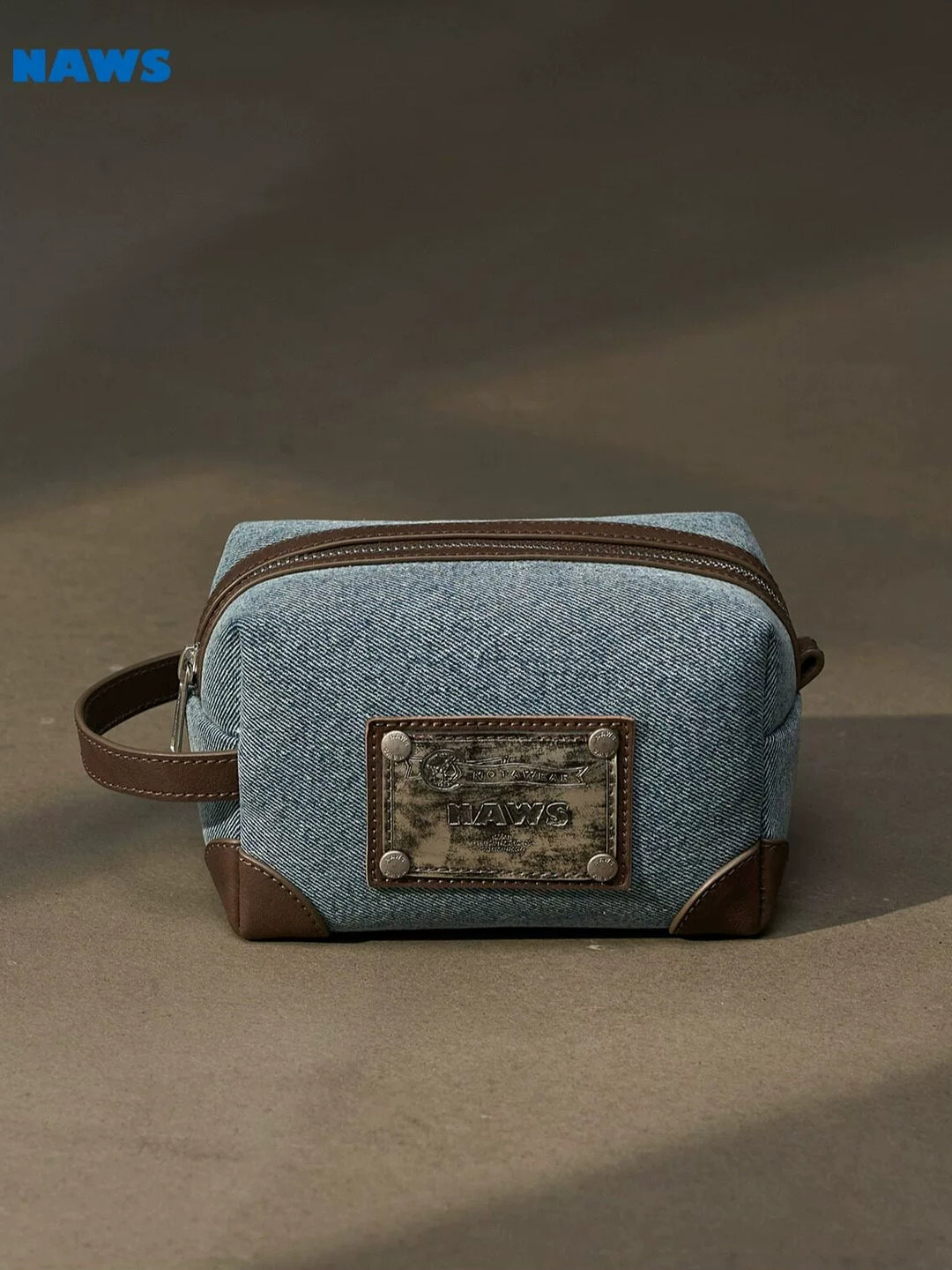 NAWS BLUE BOX denim makeup bag — cleaned hero collage showing the complete design