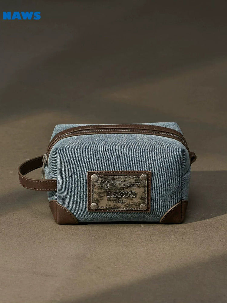 NAWS BLUE BOX denim makeup bag — cleaned hero collage showing the complete design