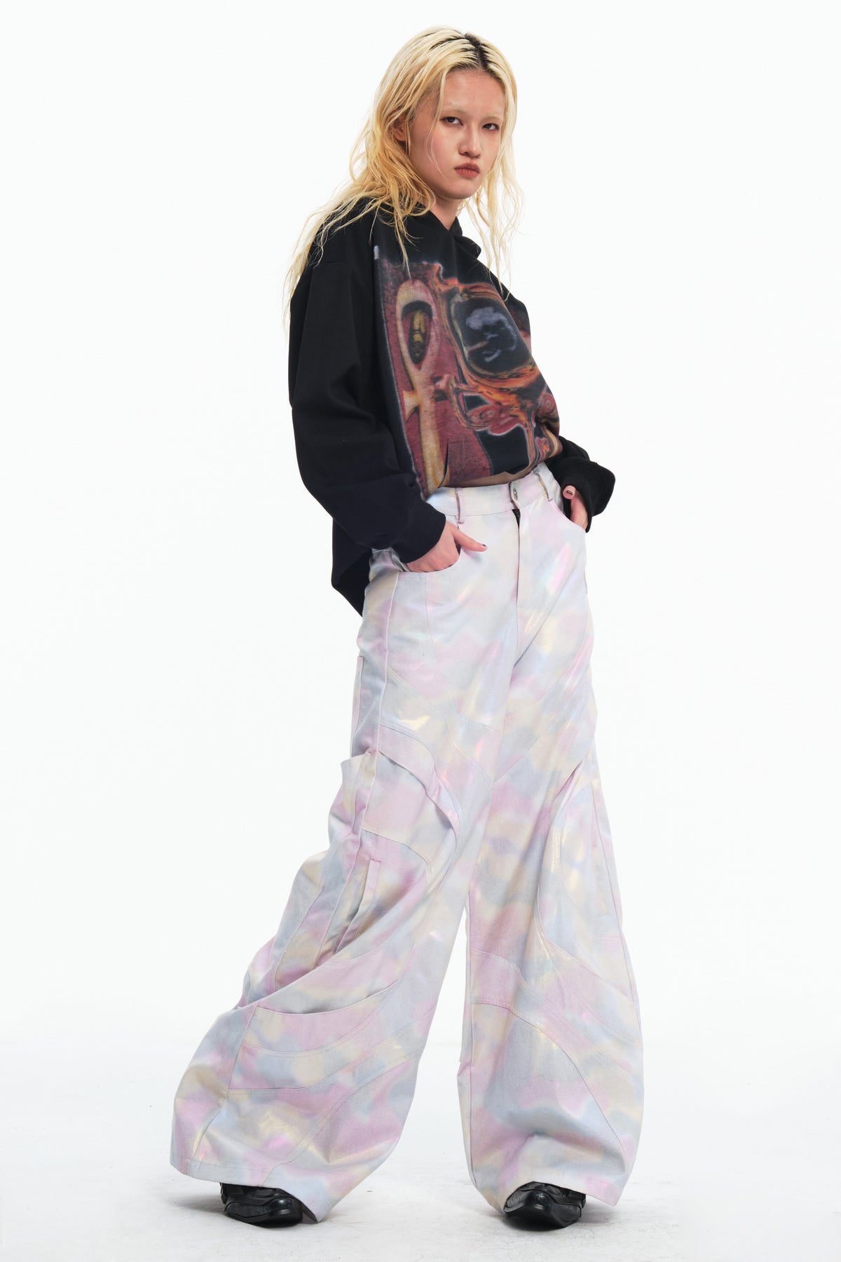 EMBRYO REFLECTIVE CAMO deconstructed wide-leg pants — additional styled view