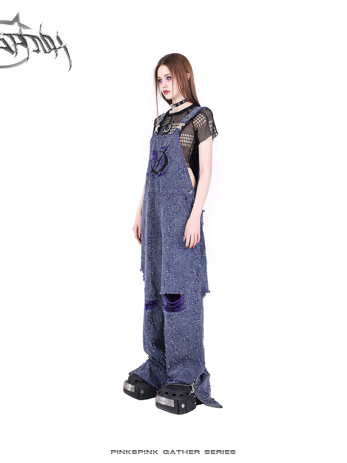 PINKSPINK BROKEN VIOLET distressed denim overalls — modeled detail view of the garment construction