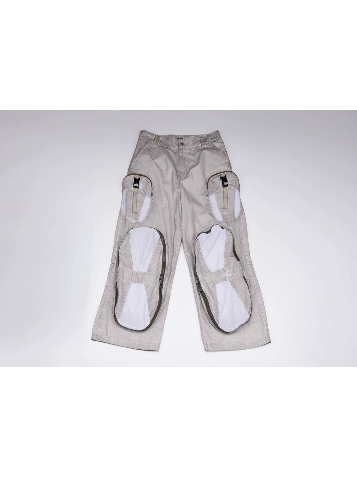 PIONEER eris white welded multi-pocket work pants — front flat-lay view showing pale contrast knee panels and buckled thigh pouches