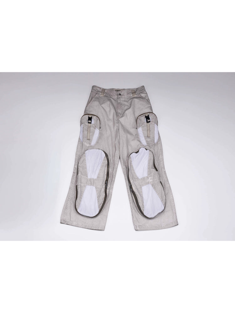 PIONEER eris white welded multi-pocket work pants — front flat-lay view showing pale contrast knee panels and buckled thigh pouches