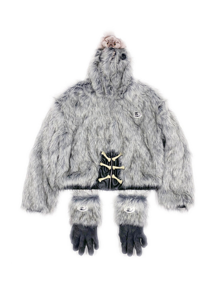 EMBRYO ANIMAL SHELL hooded faux-fur jacket — material and hardware detail