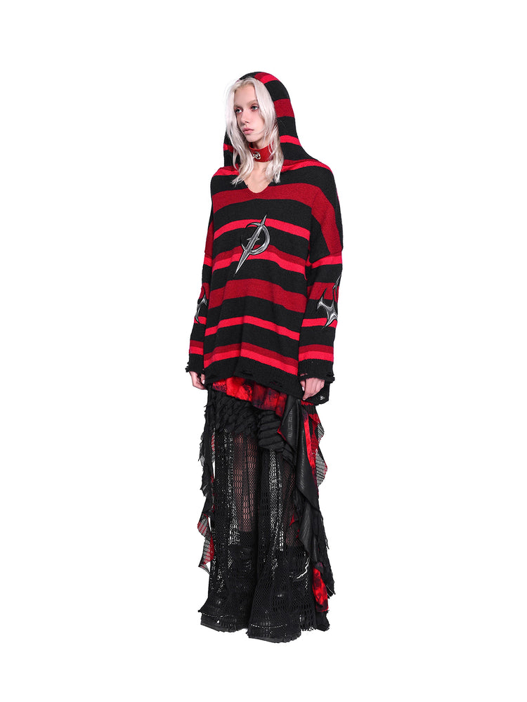 PINKSPINK ELECTRIC MOON striped hooded sweater in BLACK AND RED — full-body three-quarter view with hood raised.