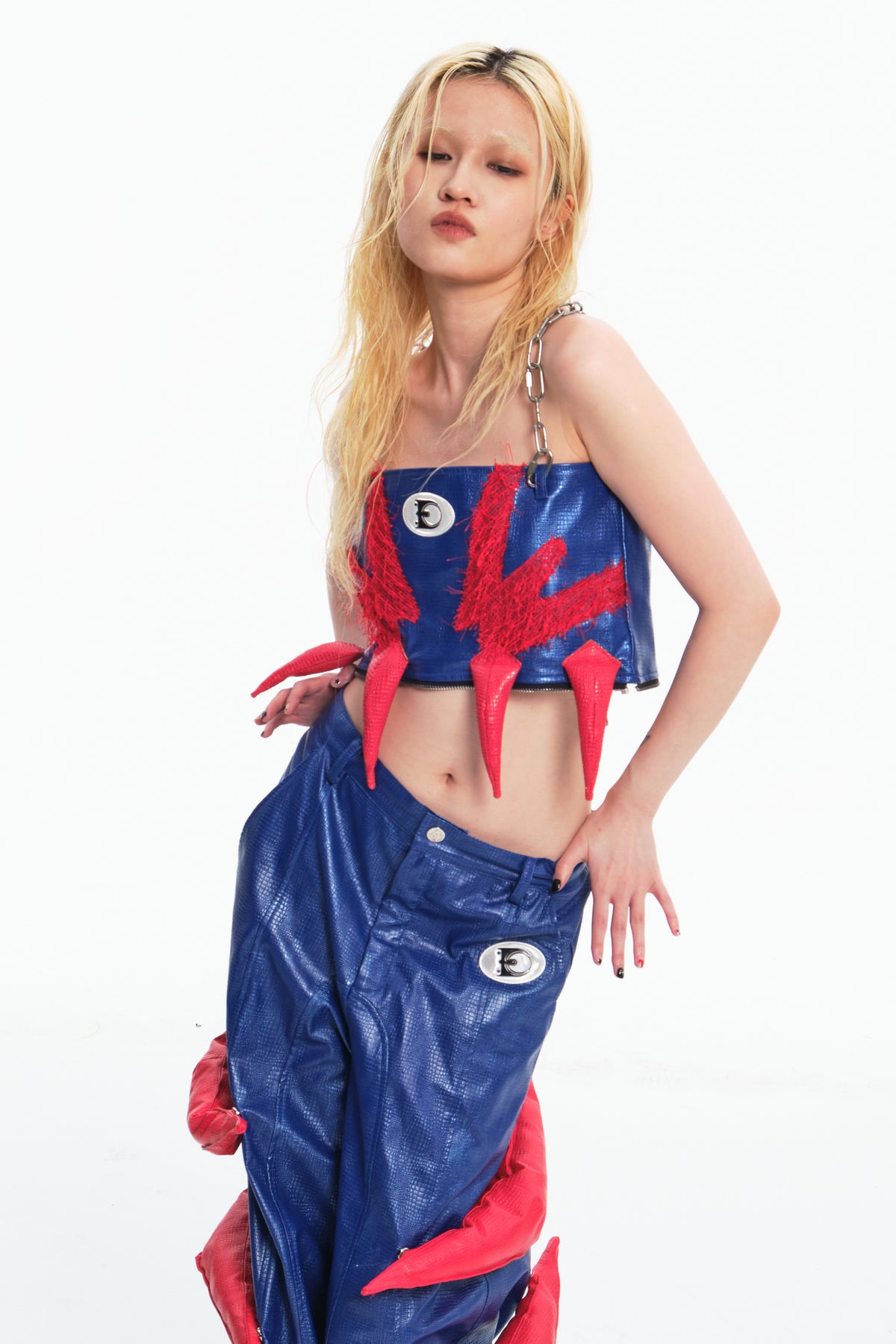 EMBRYO RED CLAW padded PU tube top — full-length modeled view