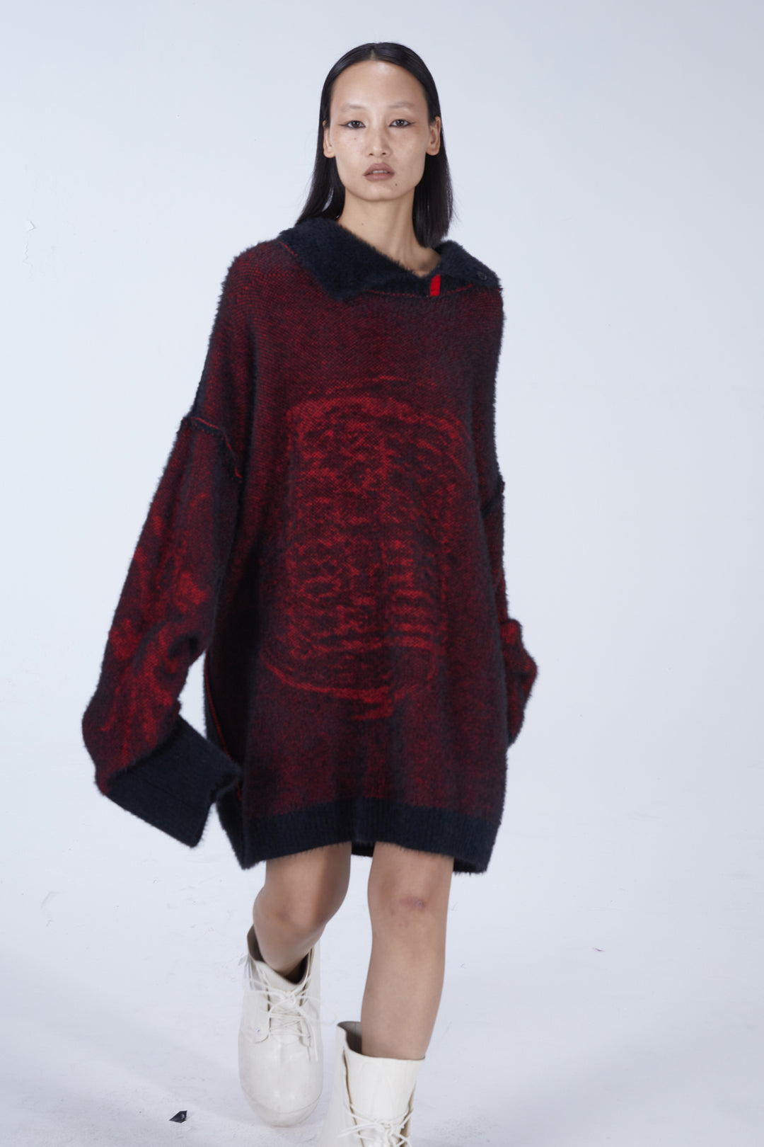 EMBRYO IMPERIAL SEAL reversible faux-mink sweater — close modeled view