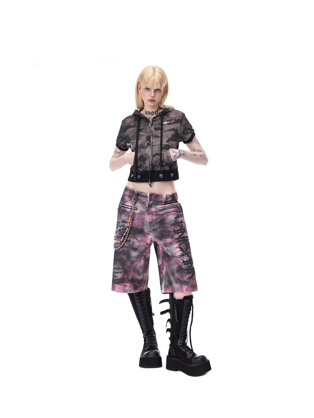 PINKSPINK CATPAW cropped cat-ear zip hoodie in gray-brown camouflage — full-length front modeled view with hands in pockets