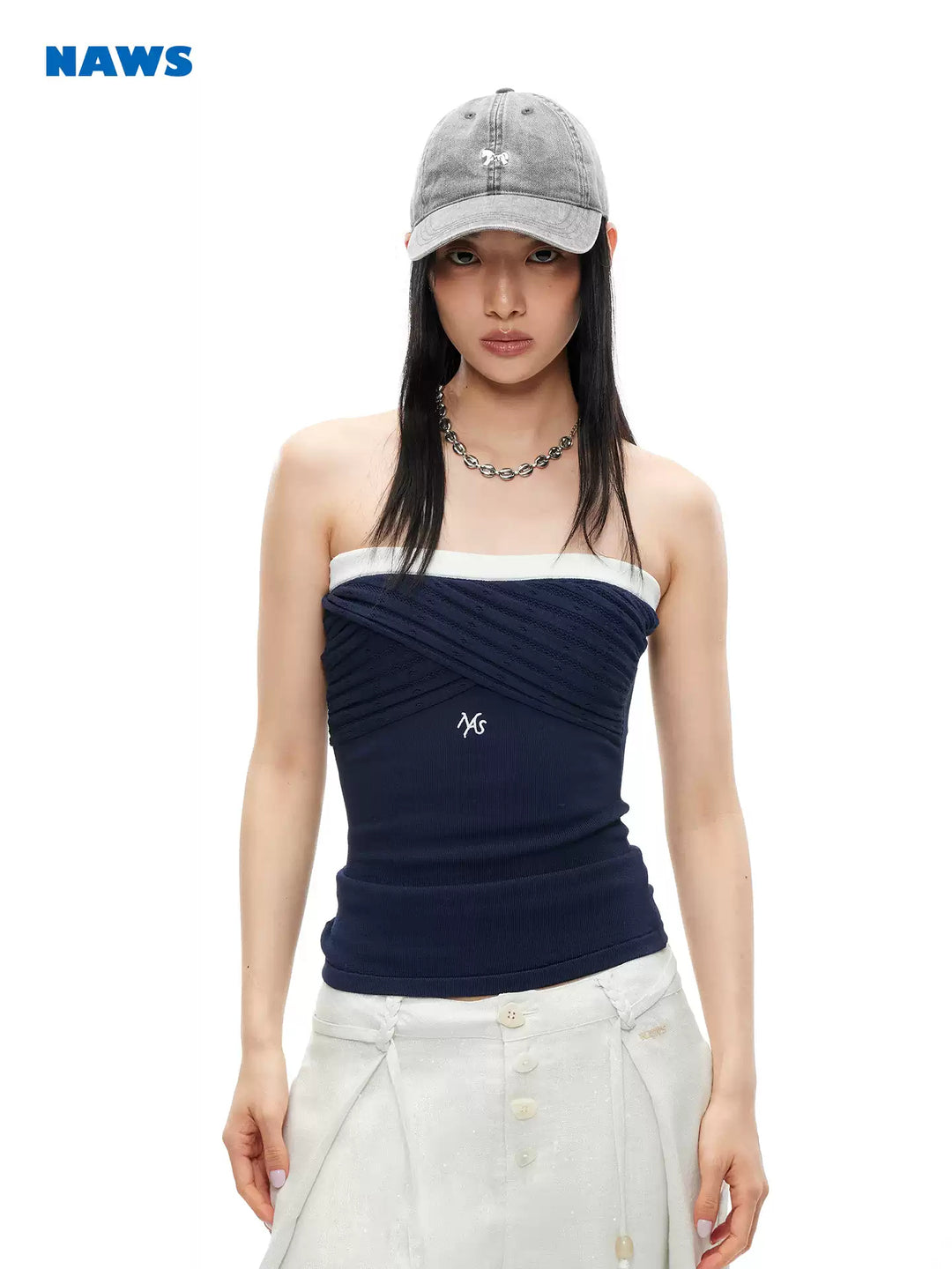 NAWS LACE gathered knit bandeau top — alternate modeled view showing the silhouette