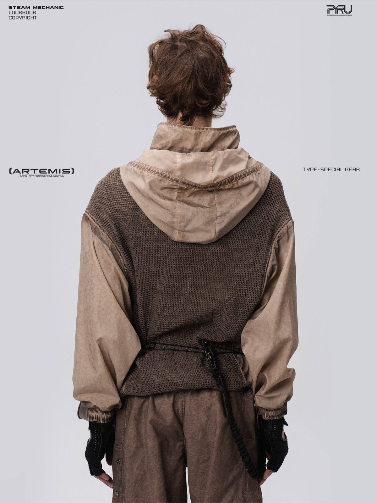 PIONEER detachable-hood mesh hoodie in mercury brown — close modeled back view showing the full mesh panel and detachable hood