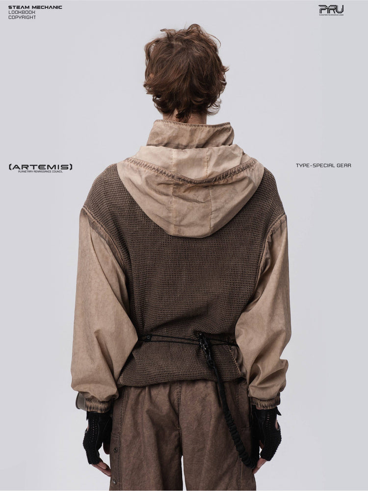 PIONEER detachable-hood mesh hoodie in mercury brown — close modeled back view showing the full mesh panel and detachable hood