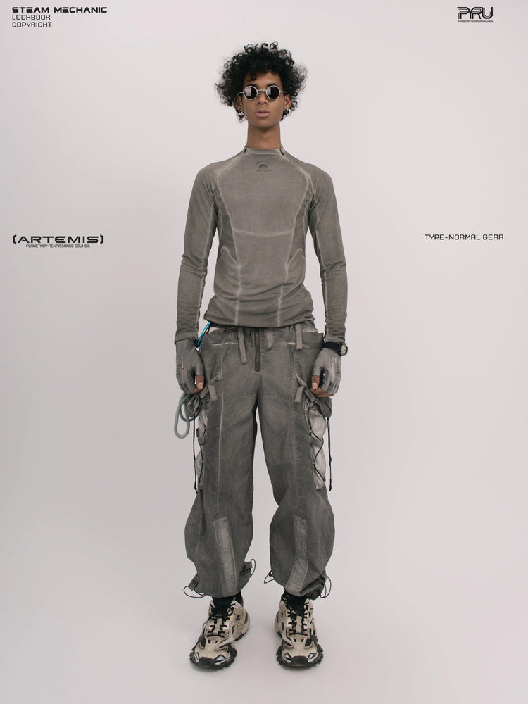 TWIN STAR meteor gray stretch riding base-layer top — full-length straight front modeled view