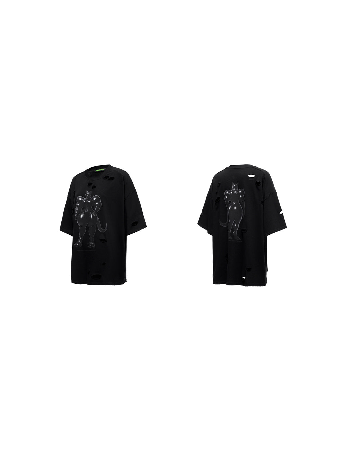 PINKSPINK FUTURE CAT distressed oversized tee in black — front and back garment-only views on a clean white background