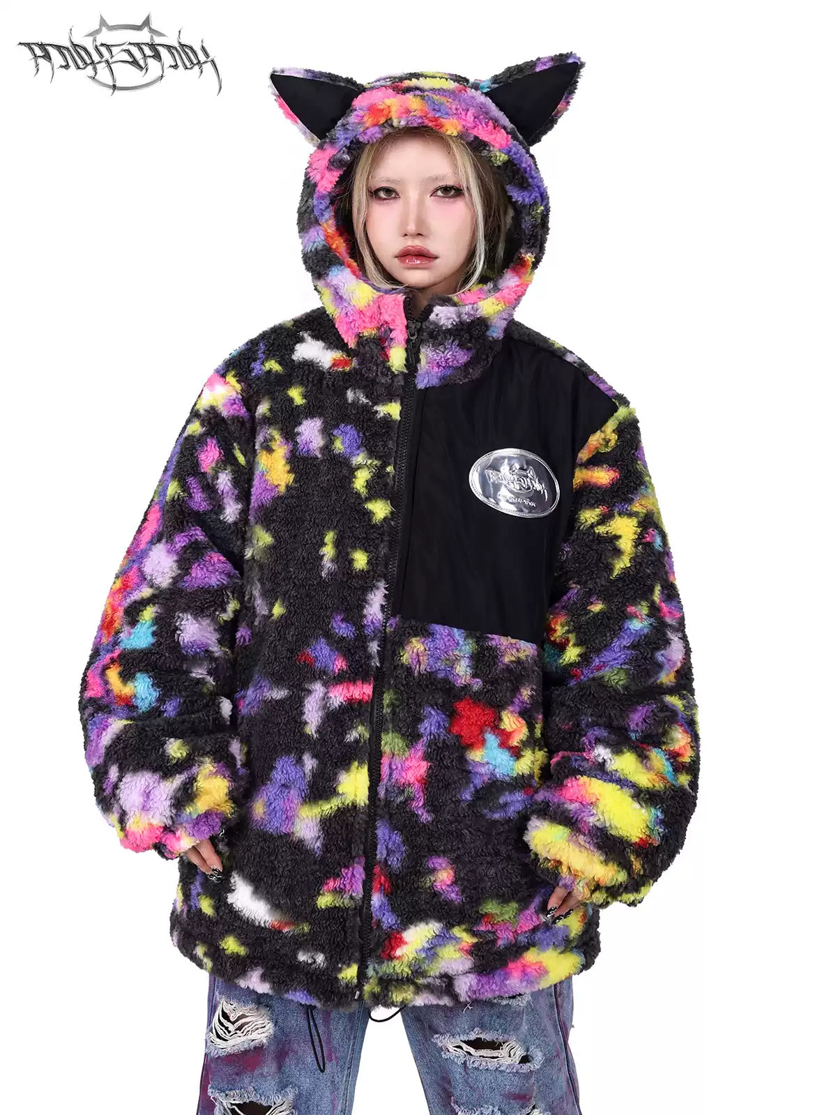 PINKSPINK SPHYNX rainbow cat-ear sherpa jacket — alternate modeled view showing the silhouette