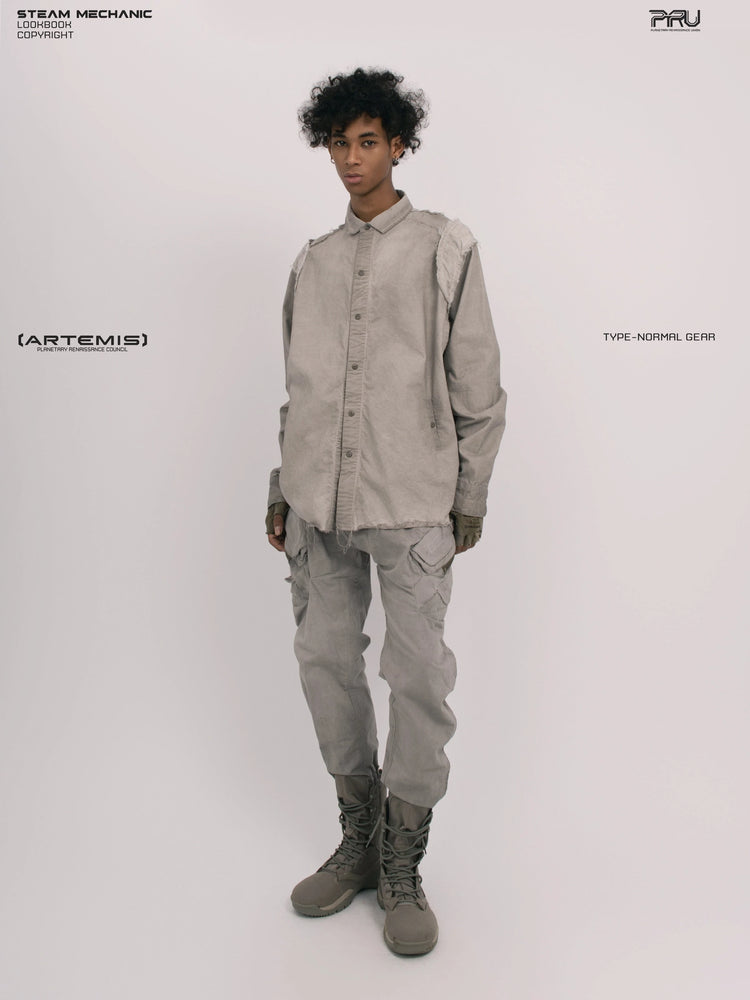 CHAOS ERA nightfall gray raw-edge technical shirt — full-length angled front modeled view
