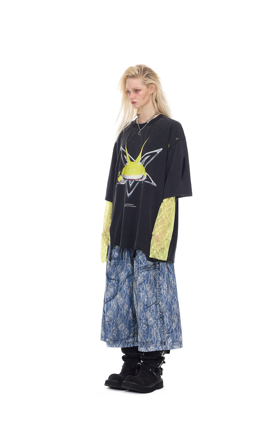 PINKSPINK ELECTRIC MOON lace-coated wide-leg denim shorts in blue — full-length three-quarter front modeled view with yellow lace sleeves