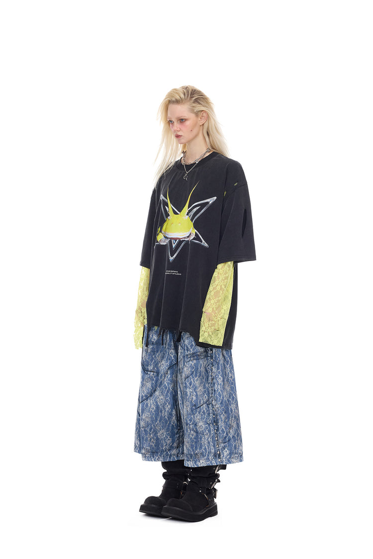 PINKSPINK ELECTRIC MOON lace-coated wide-leg denim shorts in blue — full-length three-quarter front modeled view with yellow lace sleeves