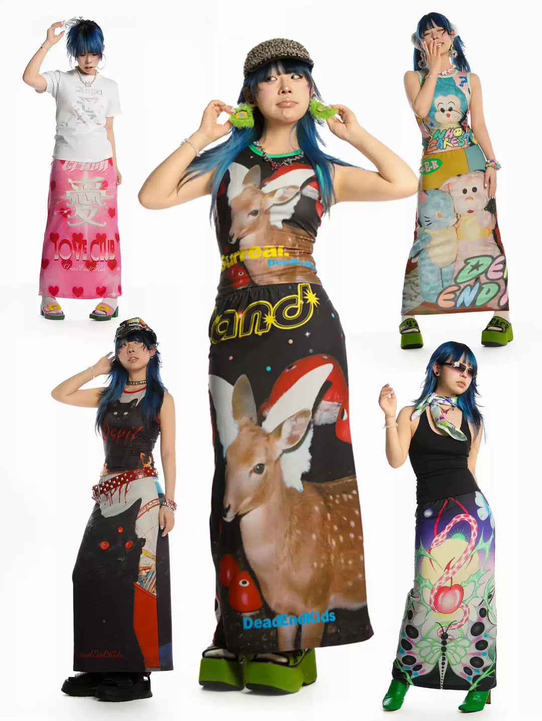 DEADENDKIDS REVERSIBLE ARCHIVE graphic maxi skirt — front product presentation